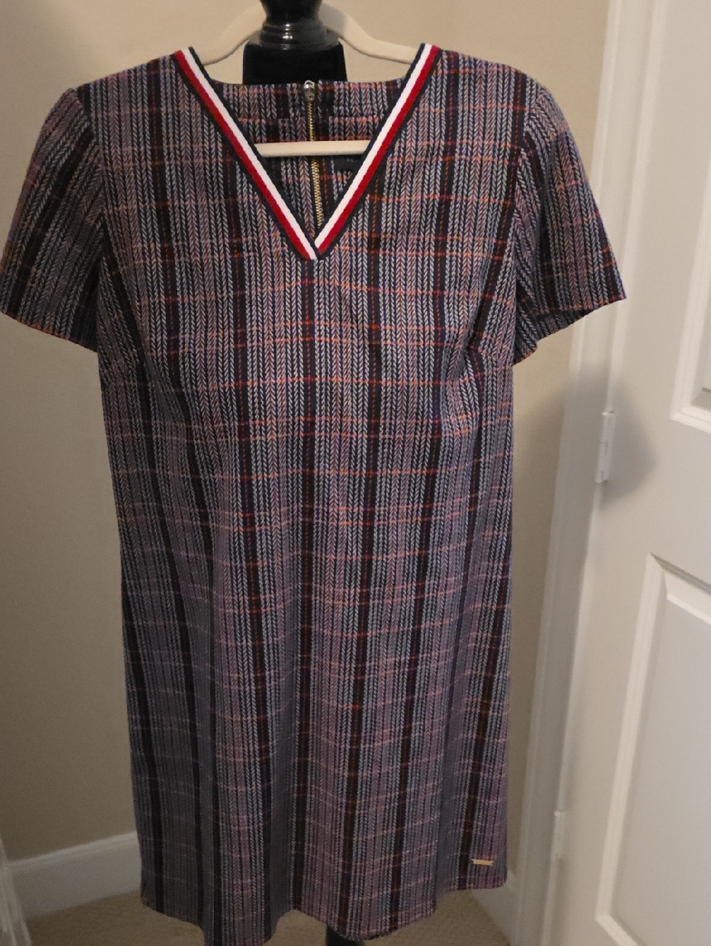 Tommy Hilfiger Navy Plaid Mini Dress with Red-Trim V-Neck